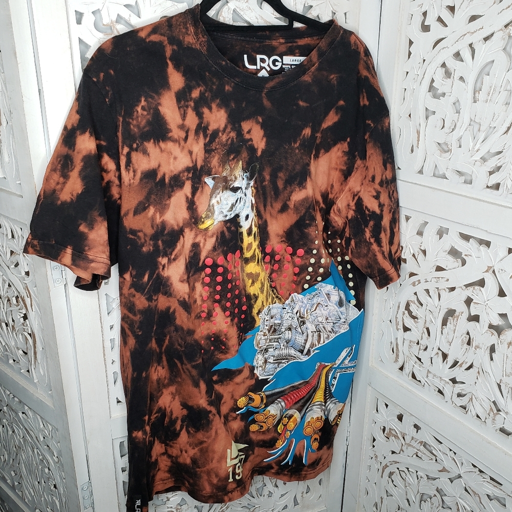 LRG Bleach Dye Tie Dye Giraffe Print Shirt Size L